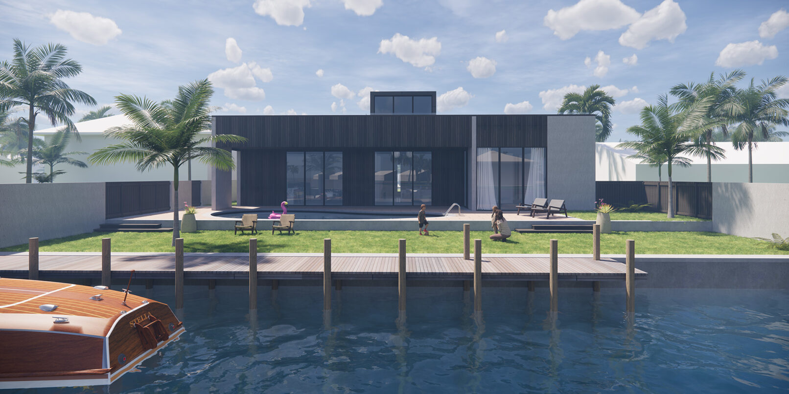 rear canal pool view of modern exterior residential design house