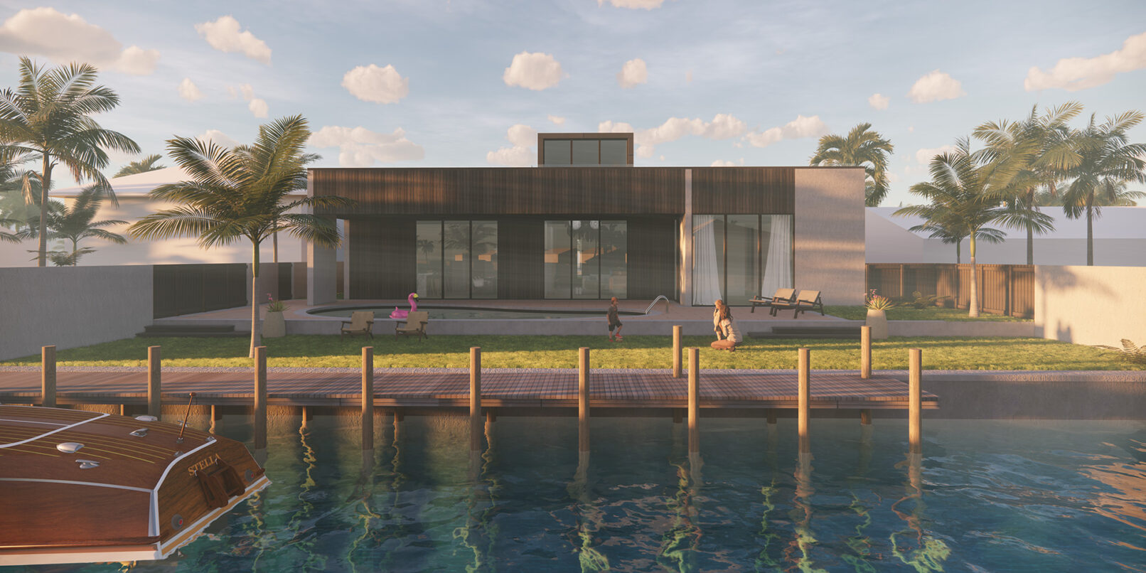 rear canal pool view of modern exterior residential design house