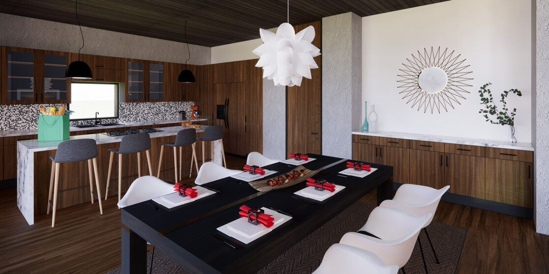 modern interior kitchen dining view with poulsen light