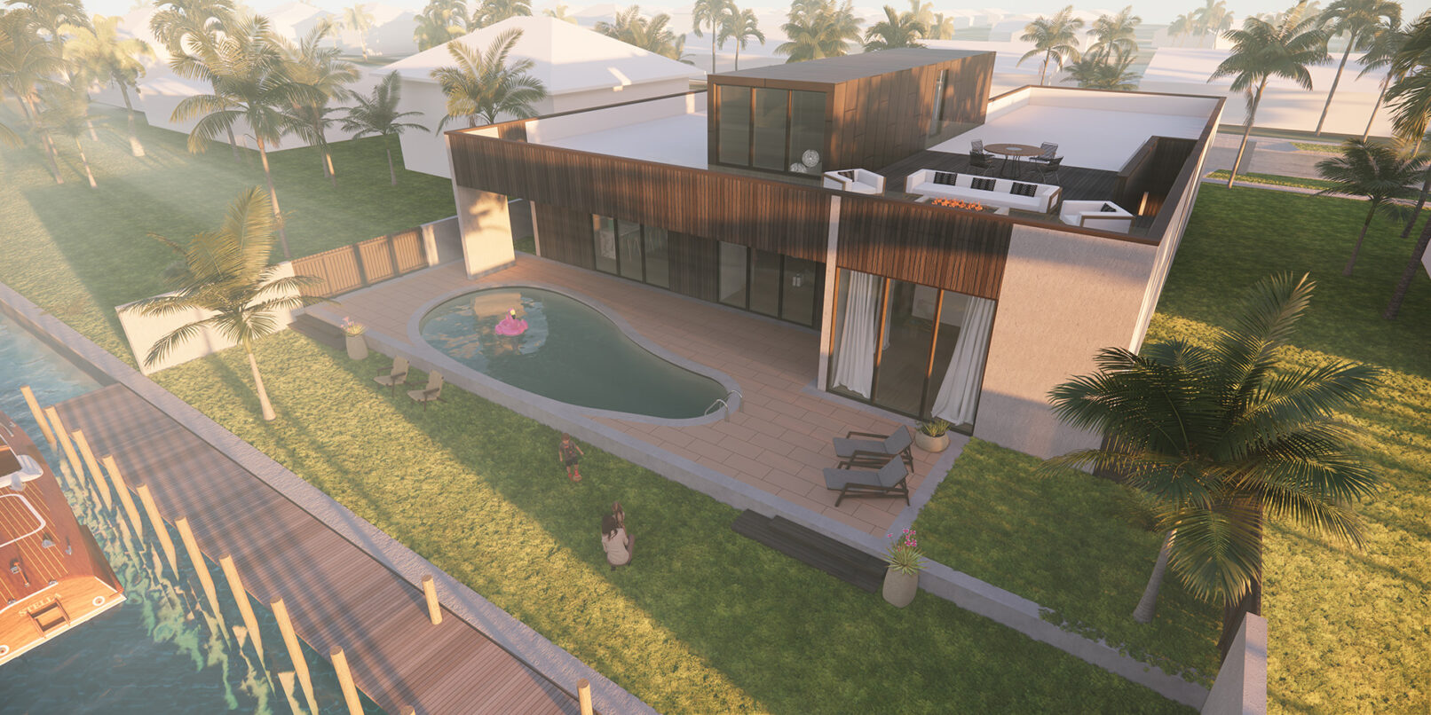 rear pool aerial view of modern residential design