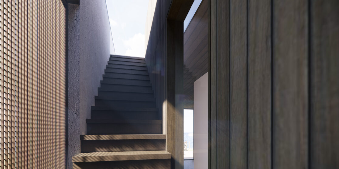 exterior stair of modern residential design leading to the rooftop deck