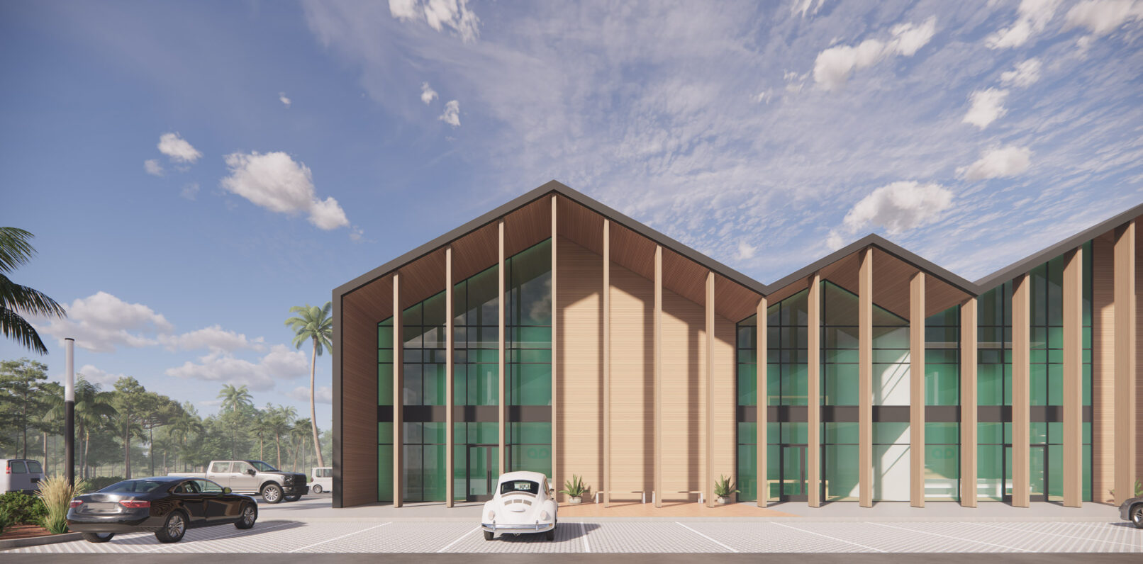 Beautiful front view of modern mixed-use building in Melbourne, Florida designed by architects BROSROMANBRAUN.
