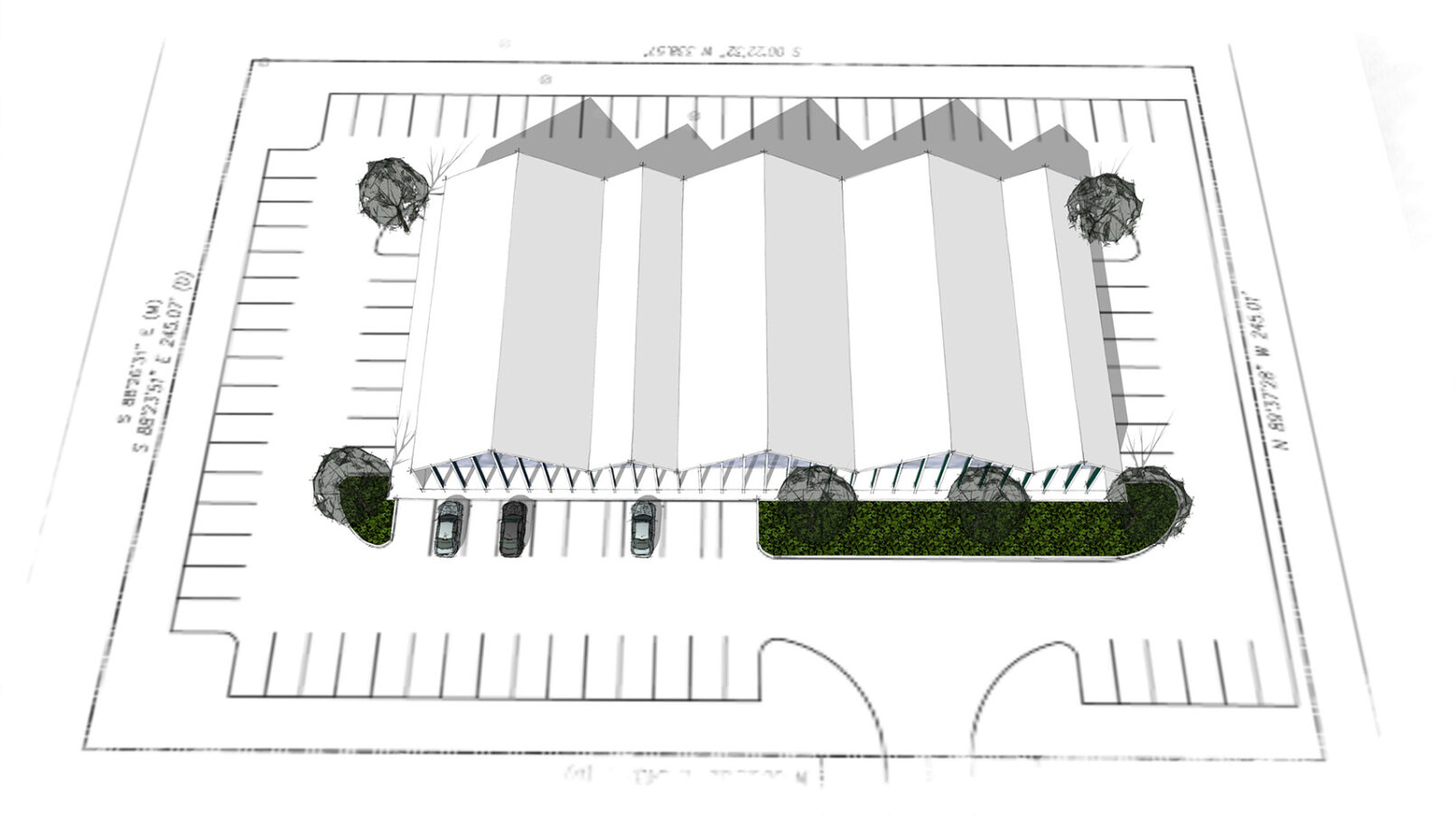 site plan of modular retail shopping center with undulating roofs