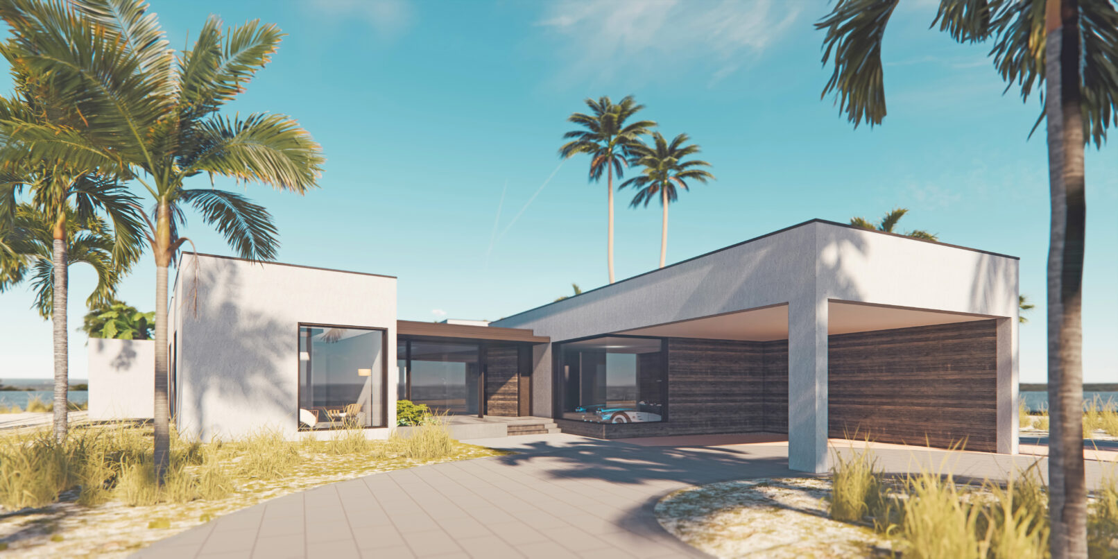Beautiful Florida modern beach house designed by award winning architect on the water with palm trees, carport, and white stucco boxes.